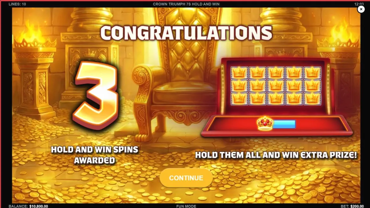 Interface do slot Crown Triumph 7s Hold and Win com símbolos de frutas e coroas