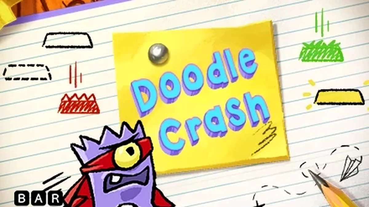 Interface do jogo Doodle Crash com elementos visuais criativos