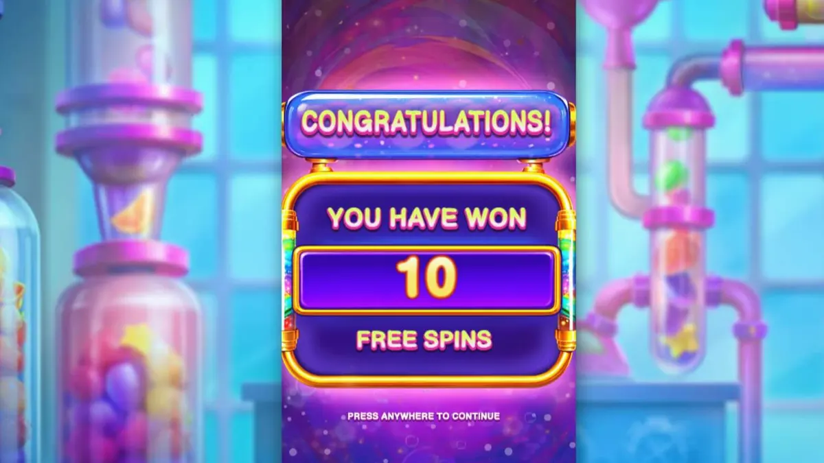 Interface vibrante e futurista do slot Sweet Burst com elementos de laboratório e doces.